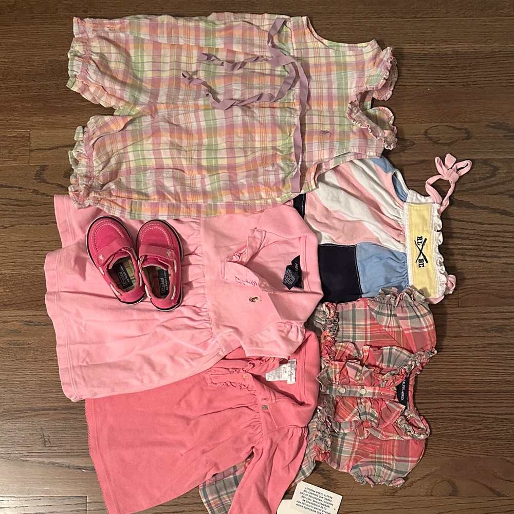 Ralph Lauren 6 pc Bundle: Dresses, romper and shoes in Pink and Plaid